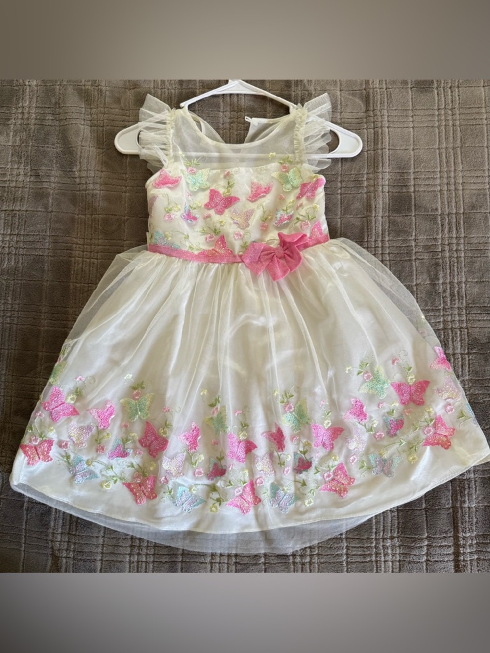Jona Michelle Ivory Mesh Dress with Pink Butterfly Embroidery